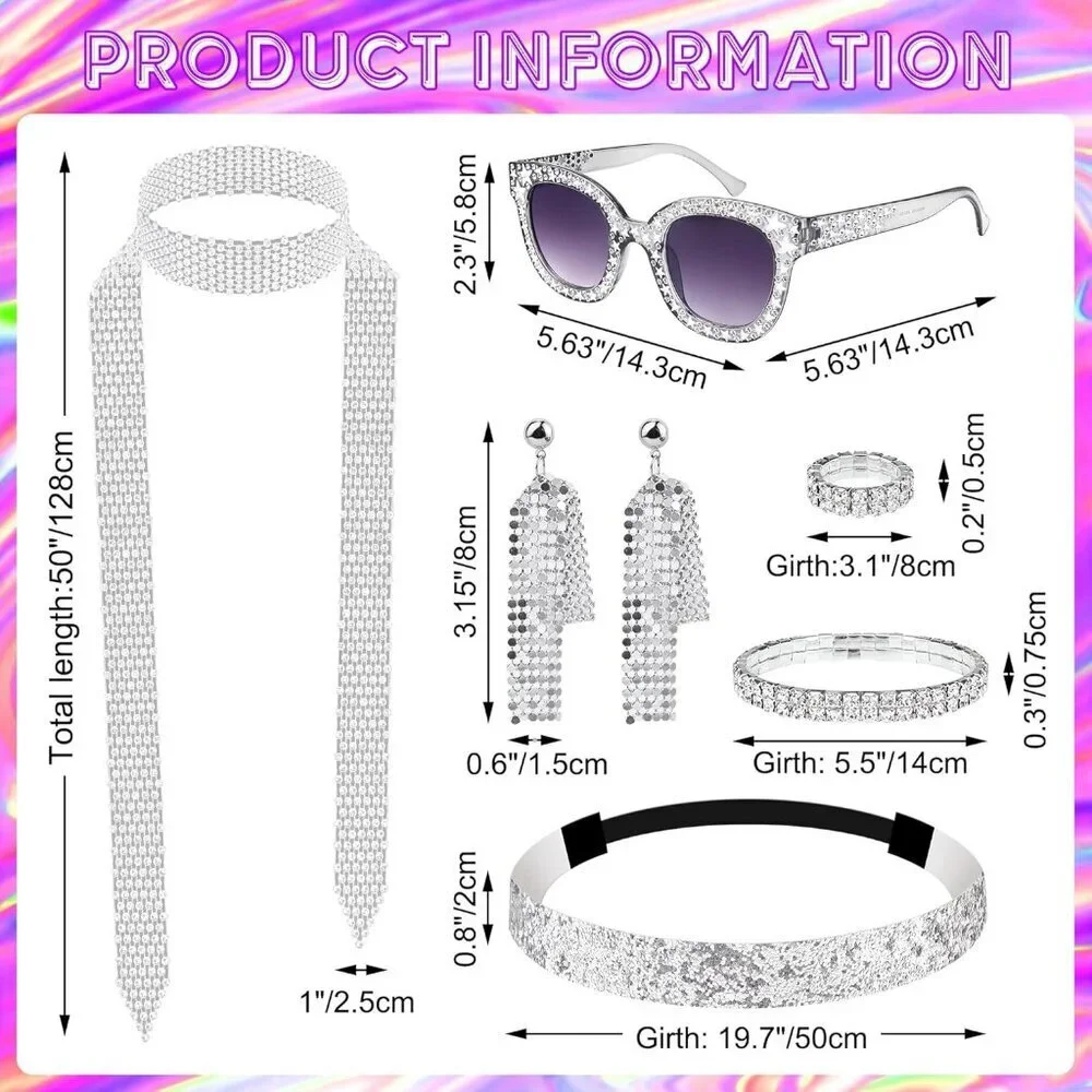 6 Pcs 70s Disco Accessories Jewelry Set Earrings Ring Sunglasses Scarf Headband